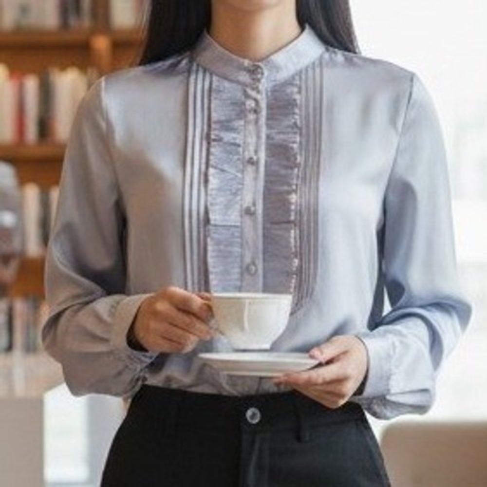 VTG Rhapsody Lilac Purple Satin Pleated‎ Bib Blouse XL Long Sleeve Tuxedo Top